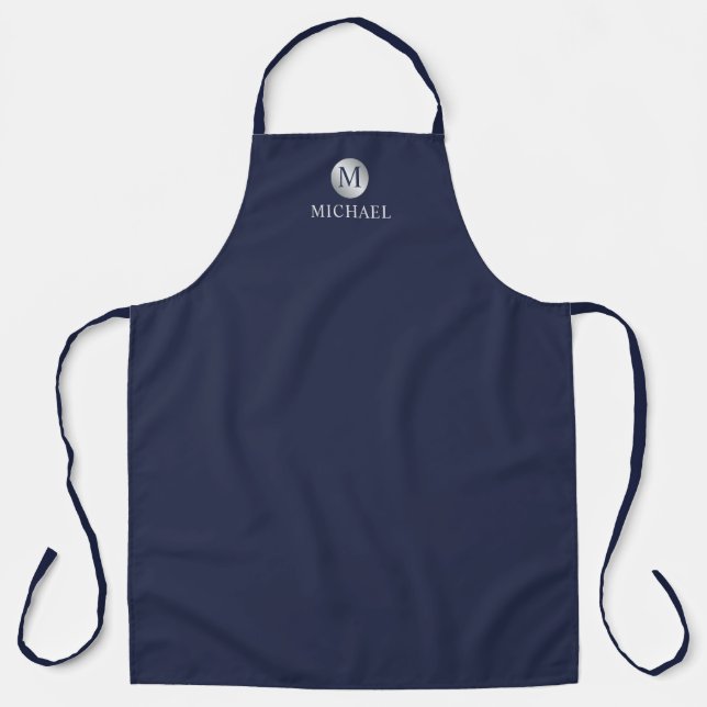 Luxury Navy Blue and Silver Personalized Monogram Apron (Front)