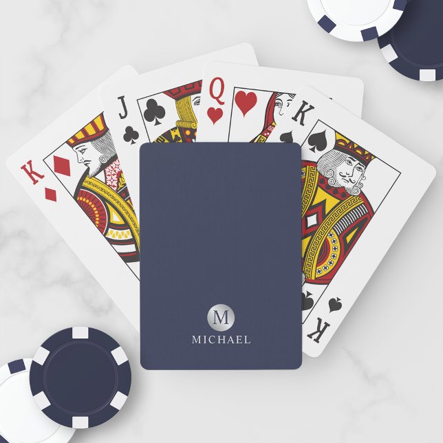 Luxury Navy Blue and Silver Personalized Monogram Poker Cards (Creator Uploaded)