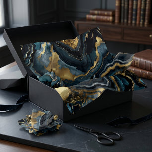 Luxury Navy Blue Black Faux Gold Marble Agate Tissue Paper