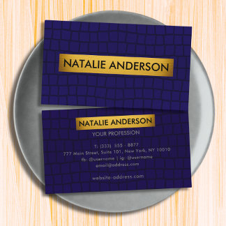 Luxury Navy Blue Crocodile Texture & Gold Business Card