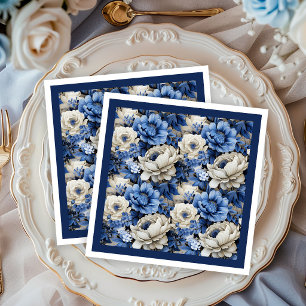 Luxury Navy Blue Floral Ivory Elegant Dinner   Paper Dinner Napkins