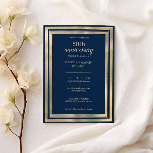 Luxury navy blue gold 50th Wedding Anniversary  Invitation