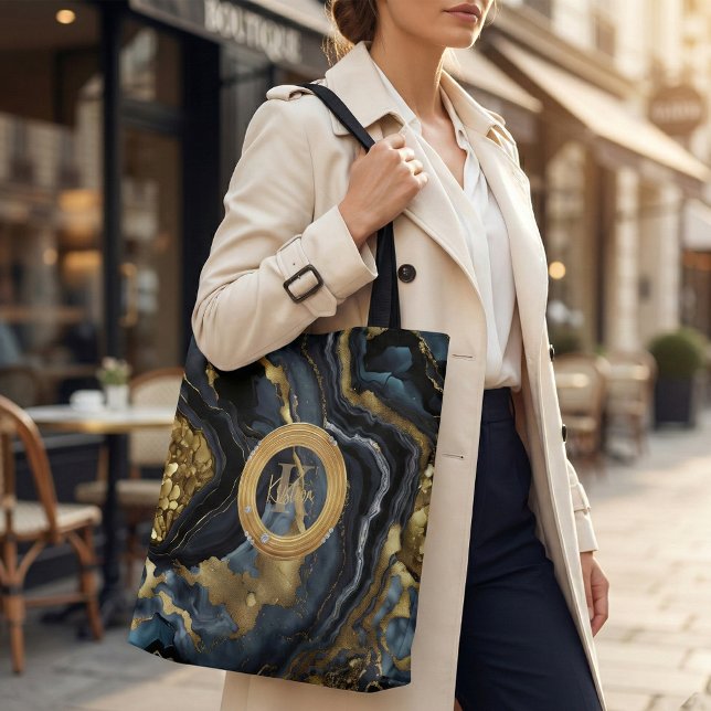 Luxury Navy Blue & Gold Agate Marble Monogram Tote Bag (Creator Uploaded)