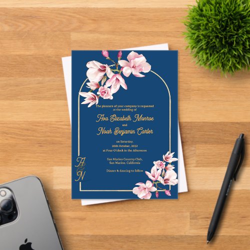 Luxury Navy Blue Gold Arch Magnolia Wedding Acrylic Invitations
