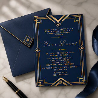 Luxury Navy Blue Gold Art Deco Gala Celebration Invitation
