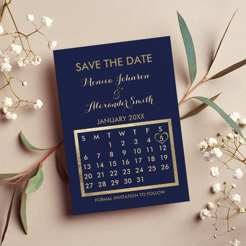 Luxury navy Blue Gold Calendar Save the Date Announcement Postcard