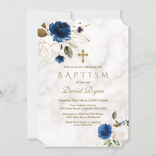 Luxury Navy Blue Gold Floral Cross Marble Baptism Invitation