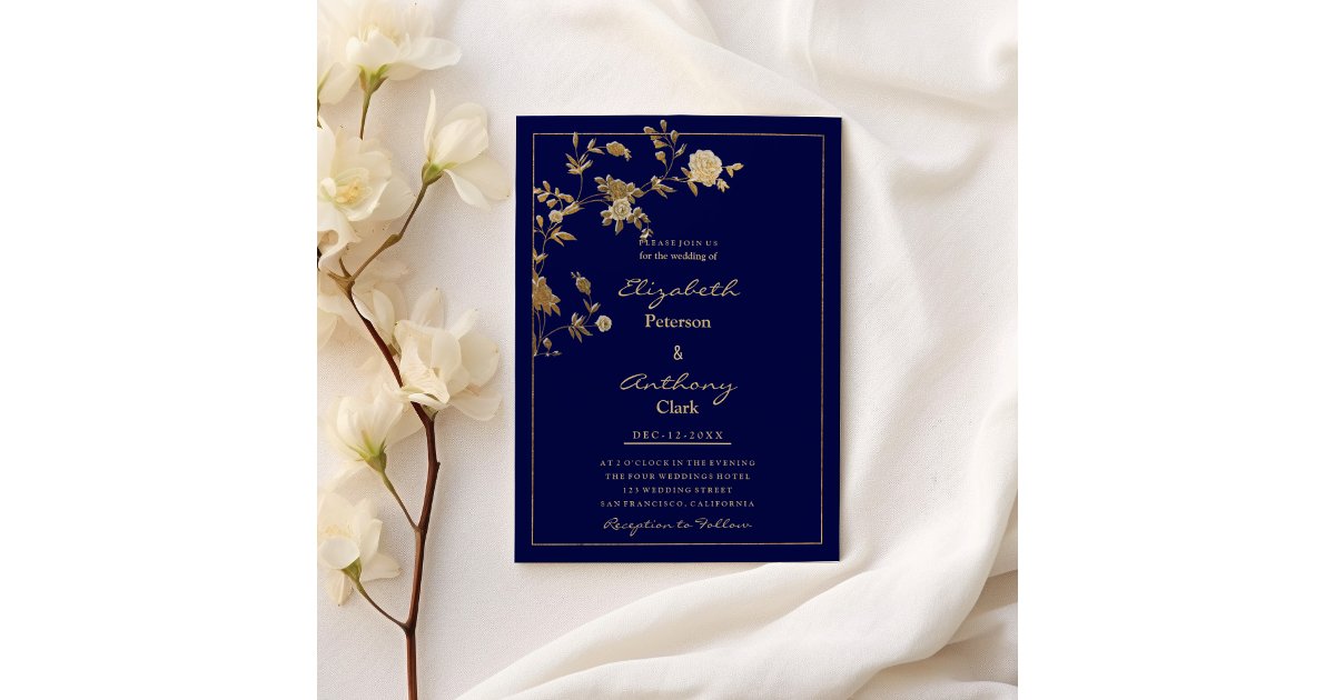 Luxury navy blue gold floral elegant Wedding Invitation | Zazzle
