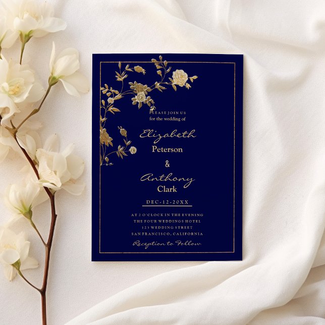 Luxury  navy blue gold floral elegant Wedding Invitation (Luxury navy blue gold floral elegant Wedding)