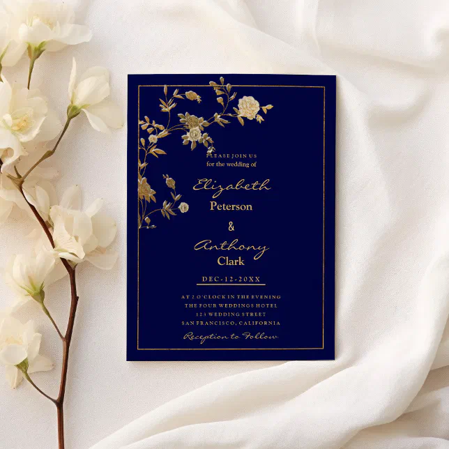 Luxury navy blue gold floral elegant Wedding Invitation | Zazzle