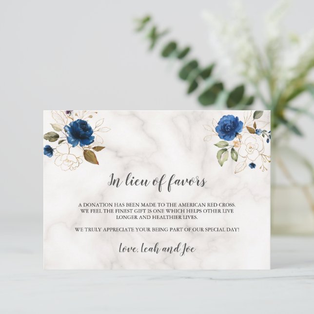 Luxury Navy Blue Gold Floral In Lieu of Favors  Note Card (Standing Front)