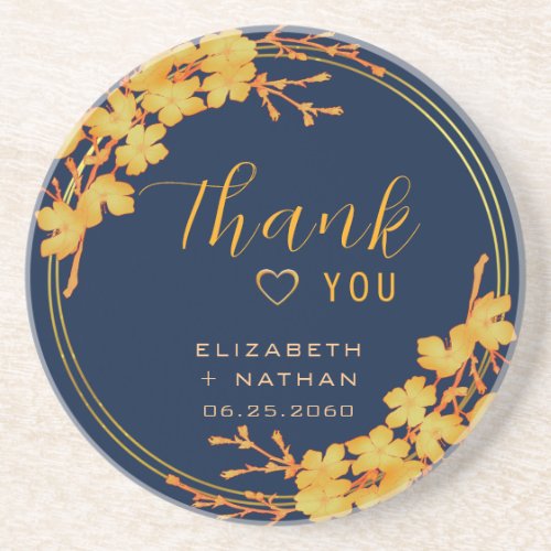 Luxury Navy Blue Gold Floral Wedding Thank You Coaster