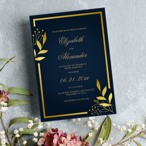 Luxury navy blue gold foliage floral wedding  invitation