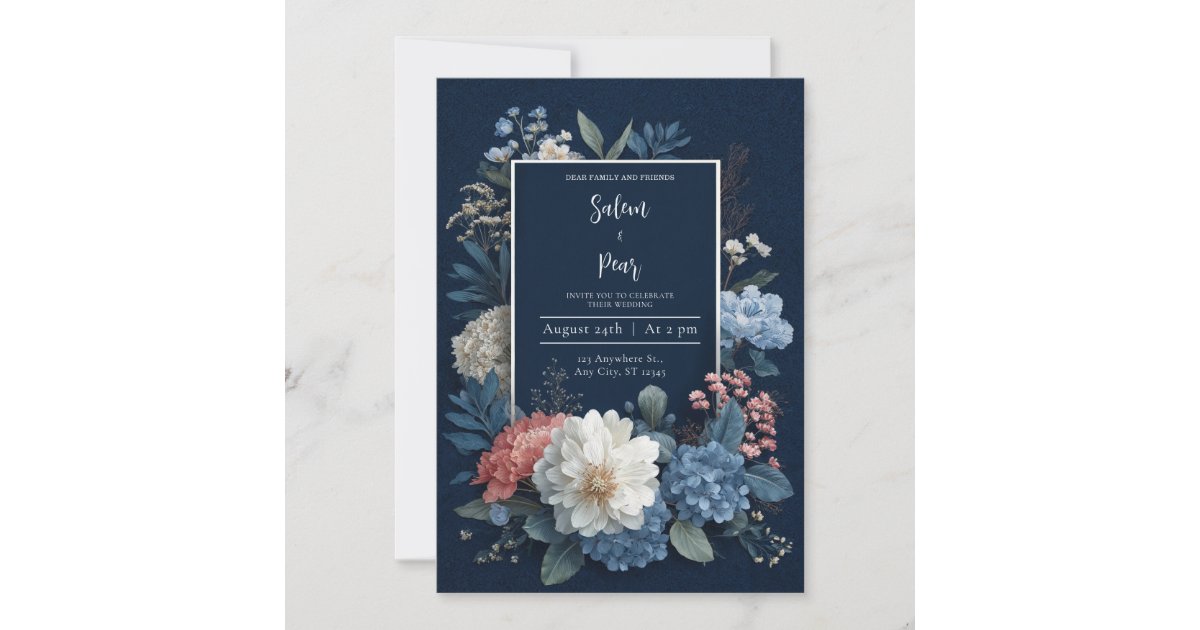 Luxury Navy Blue Gold Frame White Floral Wedding Invitation | Zazzle