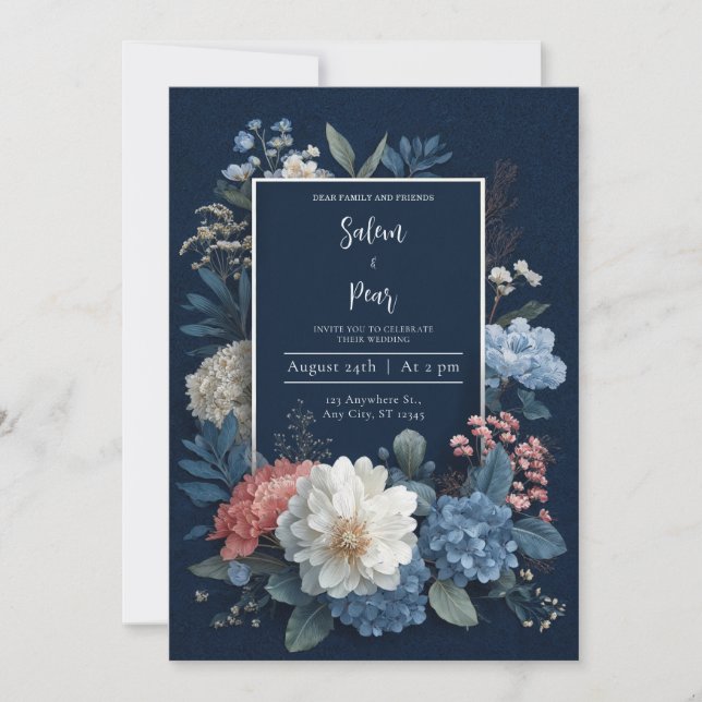Luxury Navy Blue Gold Frame White Floral Wedding Invitation (Front)