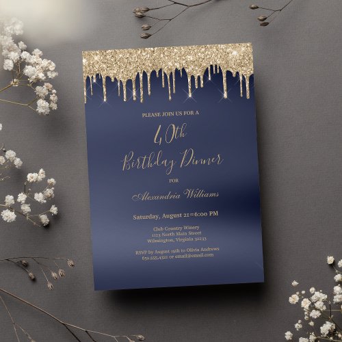 Luxury navy blue gold glitter drips 40th Birthday  Invitation