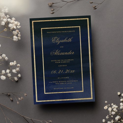 Luxury navy blue gold glitter watercolor wedding invitation