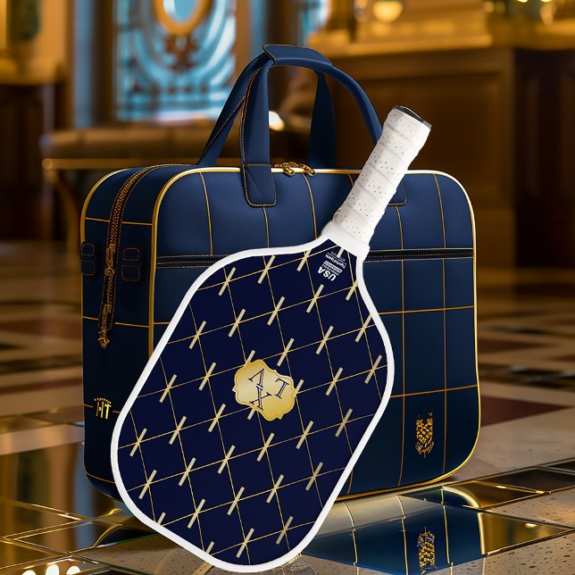 Luxury Navy Blue & Gold Lattice Monogram Carbon Fiber Pickleball Paddle (Stylish Navy Blue and Gold Monogrammed Pickleball Paddle )
