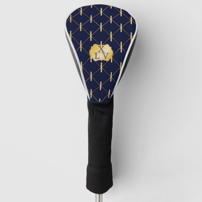 Luxury Navy Blue & Gold Lattice Monogram Golf Head Cover (Front)