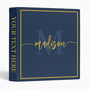 Luxury Navy Blue Gold Monogram Script Name 3 Ring Binder