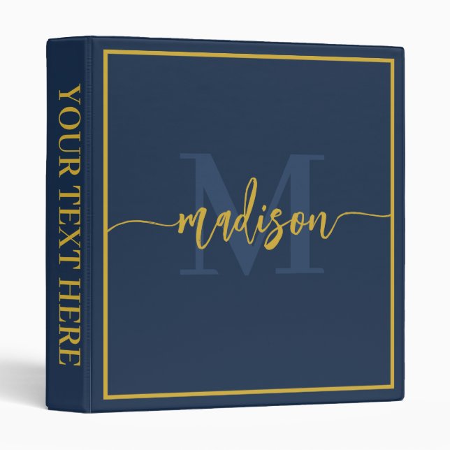 Luxury Navy Blue Gold Monogram Script Name 3 Ring Binder (Front/Spine)