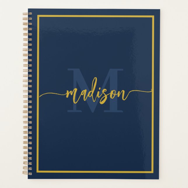 Luxury Navy Blue Gold Monogram Script Name Planner (Front)