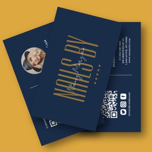 Luxury Navy Blue Gold Nail Tech Photo QR Code  Business Card