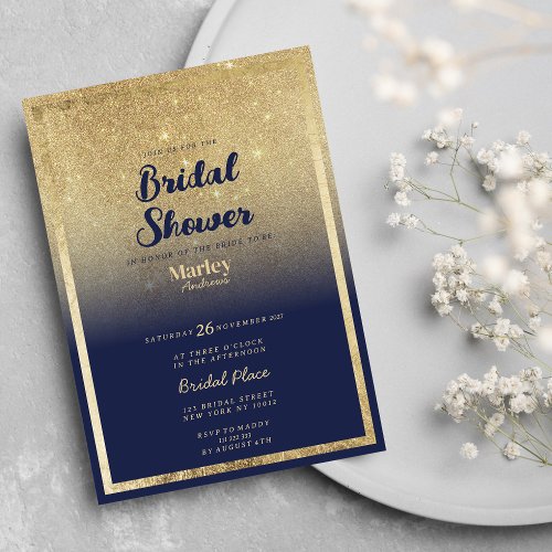 Luxury navy blue gold ombre glitter Bridal Shower Invitation