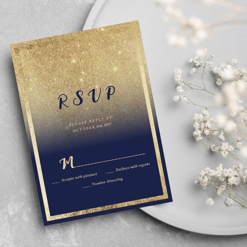 Luxury navy blue gold ombre glitter RSVP Invitation
