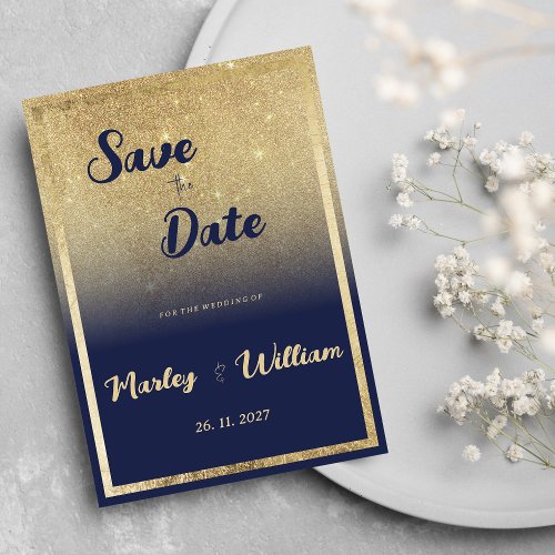 Luxury navy blue gold ombre glitter Save the Date Invitation