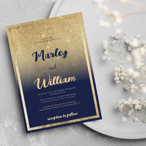 Luxury navy blue gold ombre glitter Wedding  Invitation