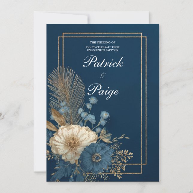 Luxury Navy Blue Gold Palm Floral Wedding Invitation (Front)