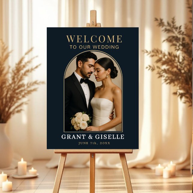 Luxury Navy Blue Gold Photo Wedding Welcome Sign  (Creator Uploaded)