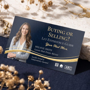 Luxury Navy Blue Gold Real Estate Agent Photo Foil Business Cards