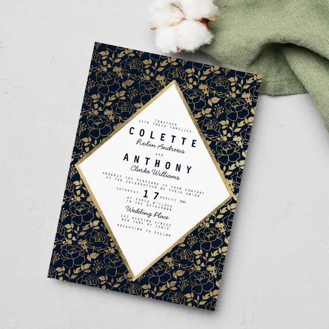 Luxury navy blue gold romantic floral wedding invitation | Zazzle