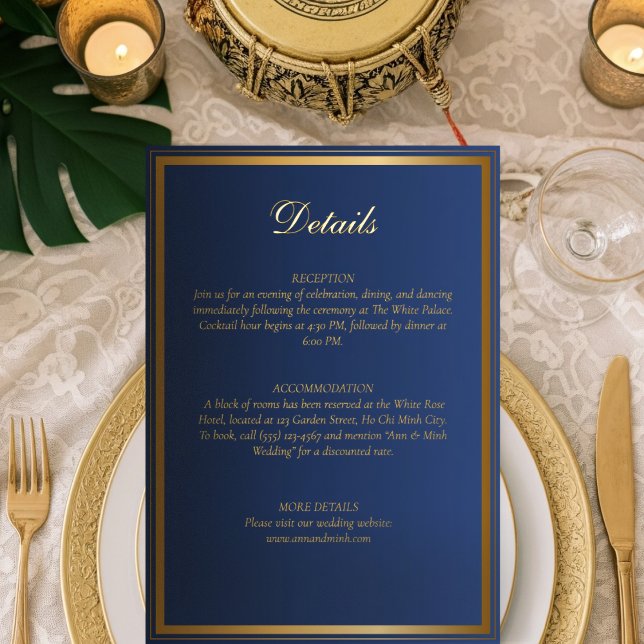 Luxury Navy Blue & Gold Wedding Details Card (Creator Uploaded)