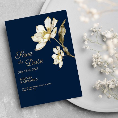 Luxury navy blue gold white flower Save the Date  Invitation