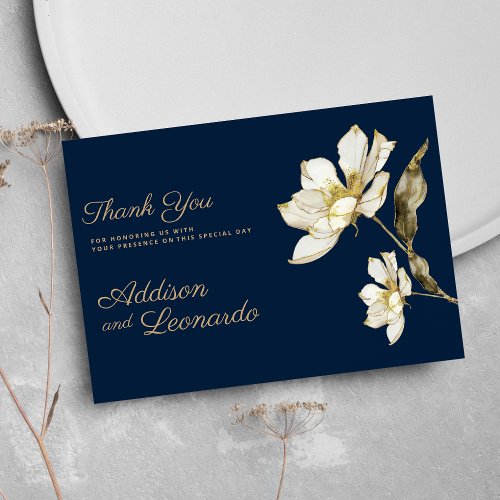 Luxury navy blue gold white flower Thank You Invitation