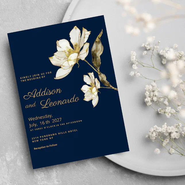 Luxury navy blue gold white glitter flower Wedding Invitation | Zazzle