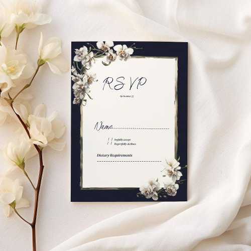 Luxury navy blue gold white orchid floral RSVP Invitation