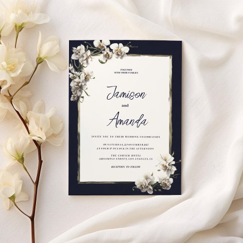Luxury navy blue gold white orchid floral Wedding Invitation