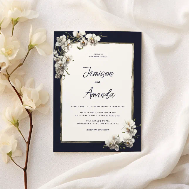 Luxury navy blue gold white orchid floral Wedding Invitation | Zazzle