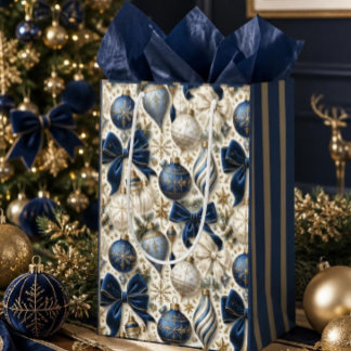 Luxury Navy Blue, Ivory & Gold Christmas Ornaments Medium Gift Bag