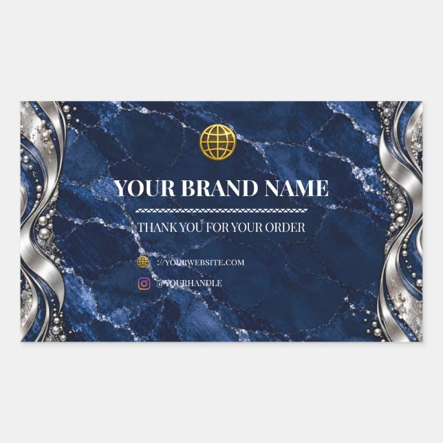 Luxury Navy Blue Marble Silver Rectangle Box Label (Front)
