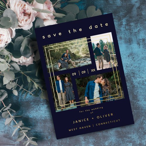 Luxury Navy Blue Minimalist Trendy Wedding Collage Foil Invitation
