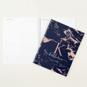 Luxury Navy Blue Rose Gold Foil Marble Monogram Planner