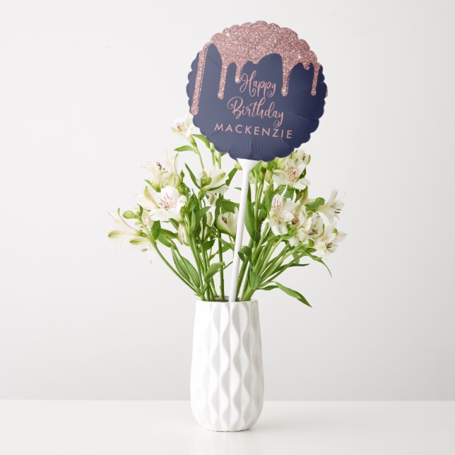 Luxury Navy Blue Rose Gold Glitter Drips Birthday Balloon (Vase)