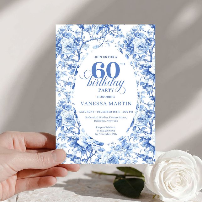 Luxury Navy Blue Roses Toile 60th Birthday Invite (Luxury Navy Blue Roses Toile 60th Birthday Invite)