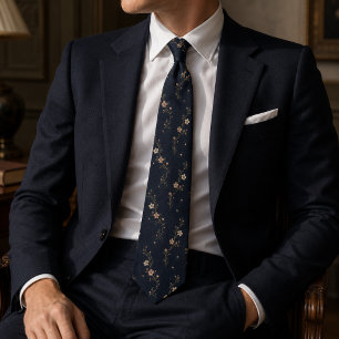 Luxury Navy Blue Sakura Blossom Japanese Floral Neck Tie