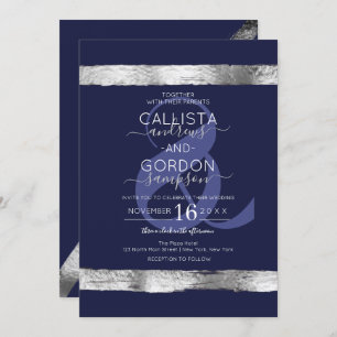 Luxury Navy Blue Silver Brushstroke Border Wedding Invitation